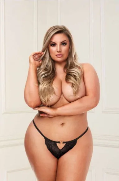 Baci Lingerie Baci Lingerie Lace Open Crotch Panty Black Crotchless Panties Heart Cutouts and Gold Heart Anal