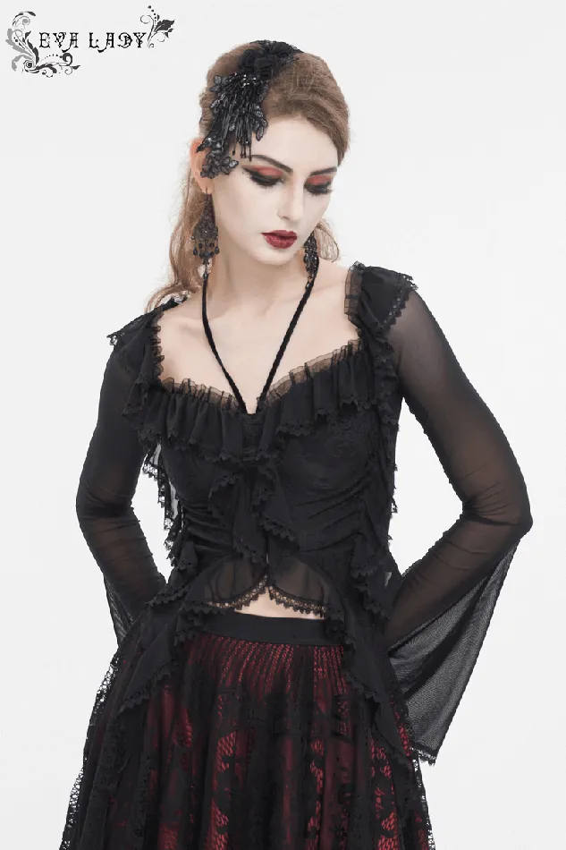 EVEs SECRETS Couples Gothic Ruffled Womens Top with Sheer Sleeves and Back LaceUp
