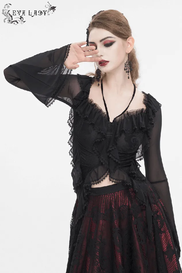 EVEs SECRETS Couples Gothic Ruffled Womens Top with Sheer Sleeves and Back LaceUp