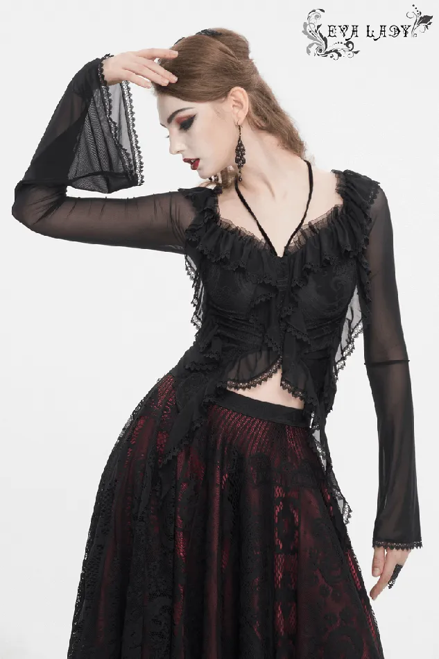 EVEs SECRETS Couples Gothic Ruffled Womens Top with Sheer Sleeves and Back LaceUp