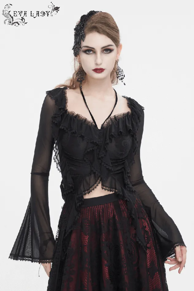 EVEs SECRETS Couples Gothic Ruffled Womens Top with Sheer Sleeves and Back LaceUp
