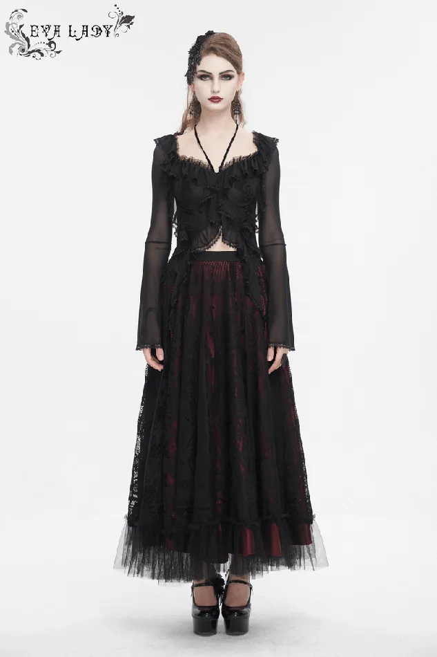 EVEs SECRETS Couples Gothic Ruffled Womens Top with Sheer Sleeves and Back LaceUp