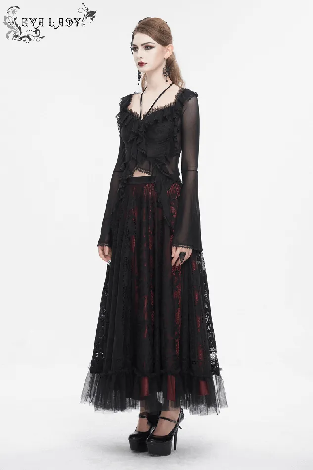 EVEs SECRETS Couples Gothic Ruffled Womens Top with Sheer Sleeves and Back LaceUp