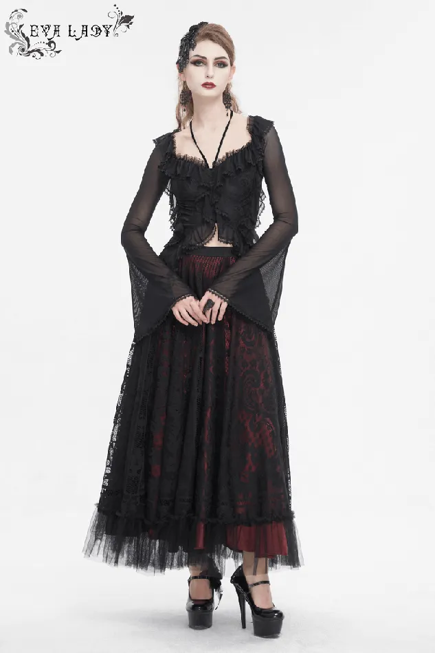 EVEs SECRETS Couples Gothic Ruffled Womens Top with Sheer Sleeves and Back LaceUp