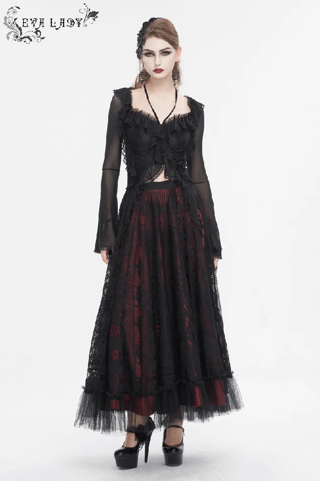 EVEs SECRETS Couples Gothic Ruffled Womens Top with Sheer Sleeves and Back LaceUp
