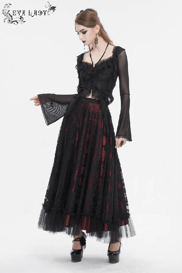 EVEs SECRETS Couples Gothic Ruffled Womens Top with Sheer Sleeves and Back LaceUp