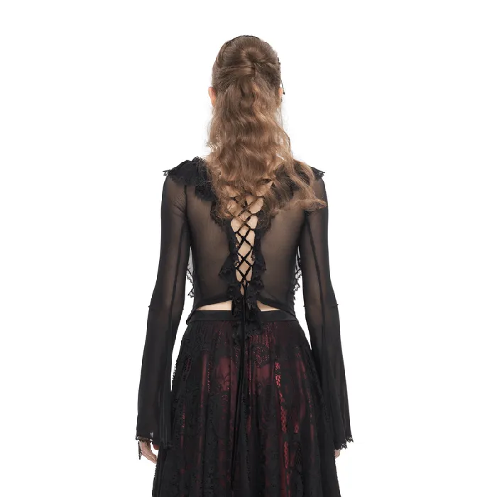 EVEs SECRETS Couples Gothic Ruffled Womens Top with Sheer Sleeves and Back LaceUp