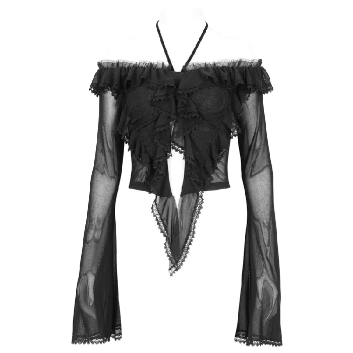 EVEs SECRETS Couples Gothic Ruffled Womens Top with Sheer Sleeves and Back LaceUp