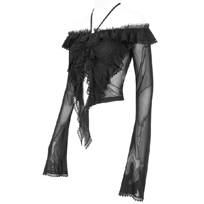 EVEs SECRETS Couples Gothic Ruffled Womens Top with Sheer Sleeves and Back LaceUp