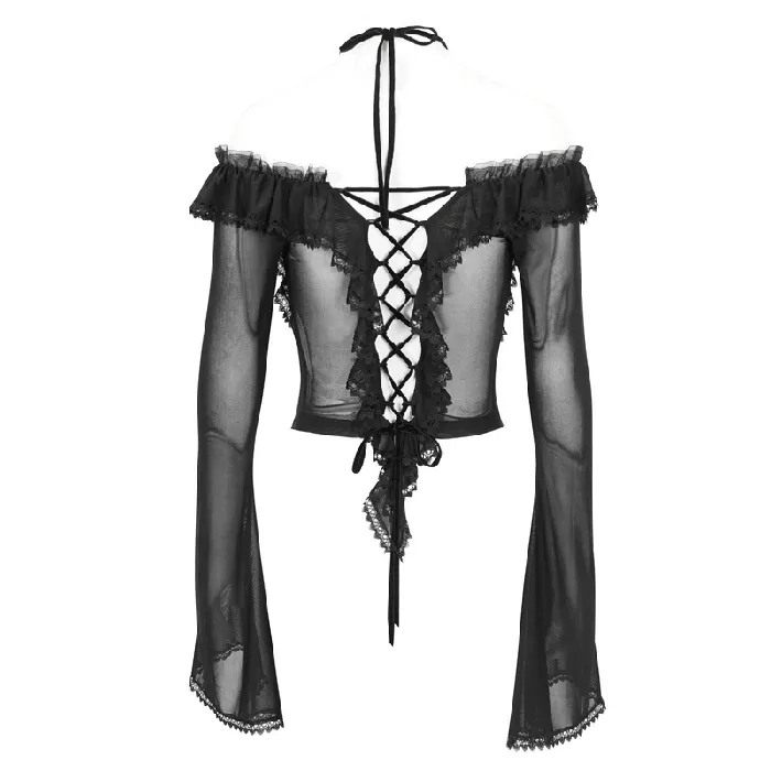EVEs SECRETS Couples Gothic Ruffled Womens Top with Sheer Sleeves and Back LaceUp