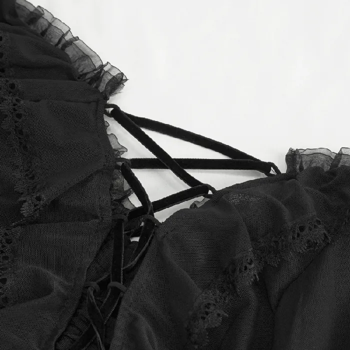 EVEs SECRETS Couples Gothic Ruffled Womens Top with Sheer Sleeves and Back LaceUp