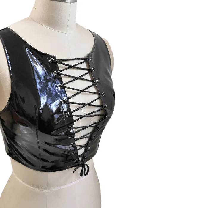 Sexy Laceup Crop Tank Top PVC Leather Wetlook Apparel Womens Shiny Outfits EVEs SECRETS Couples