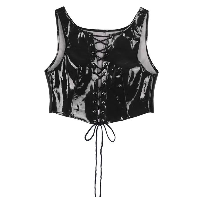 Sexy Laceup Crop Tank Top PVC Leather Wetlook Apparel Womens Shiny Outfits EVEs SECRETS Couples