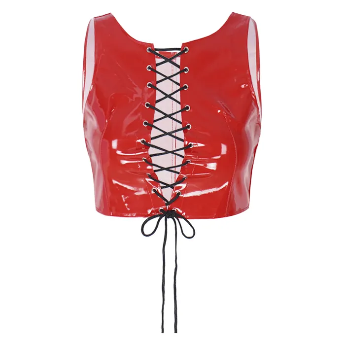 Sexy Laceup Crop Tank Top PVC Leather Wetlook Apparel Womens Shiny Outfits EVEs SECRETS Couples