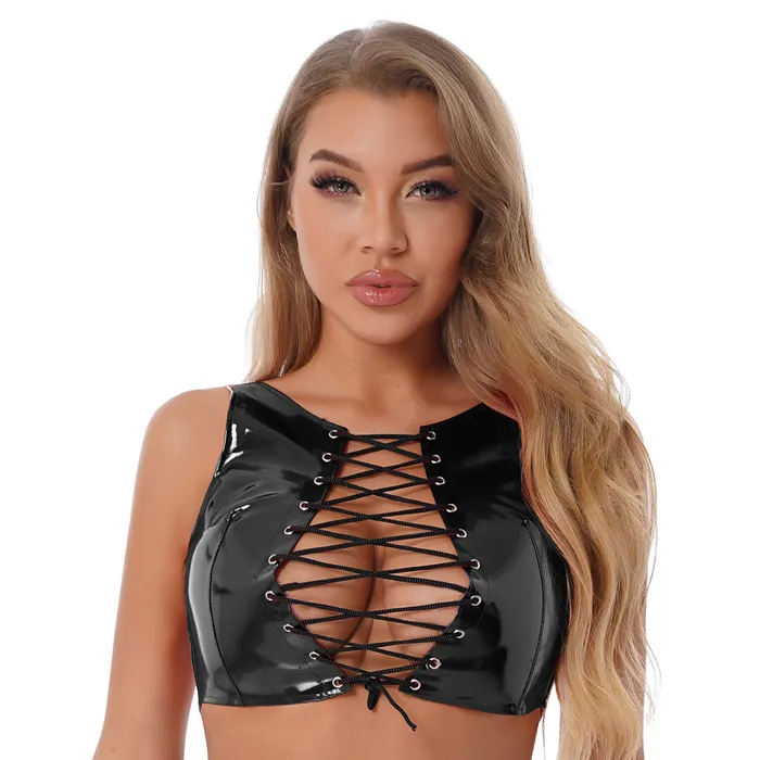 Sexy Laceup Crop Tank Top PVC Leather Wetlook Apparel Womens Shiny Outfits EVEs SECRETS Couples