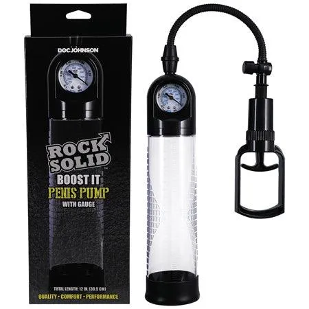 Doc Johnson Male Sex Toys Rock Solid Boost It Penis Pump with Gauge BlackClear Doc Johnson Male Sex Toys Rock Solid Boost It Penis Pump with Gauge BlackClear