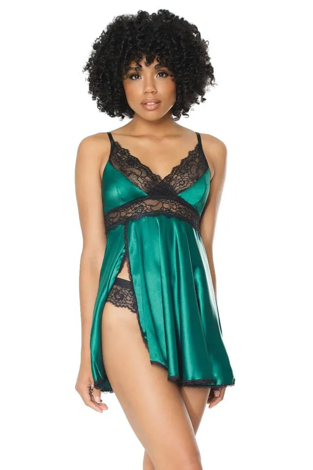 Anal Coquette Coquette 20302 Lace Satin Babydoll Thong Set GreenBlack