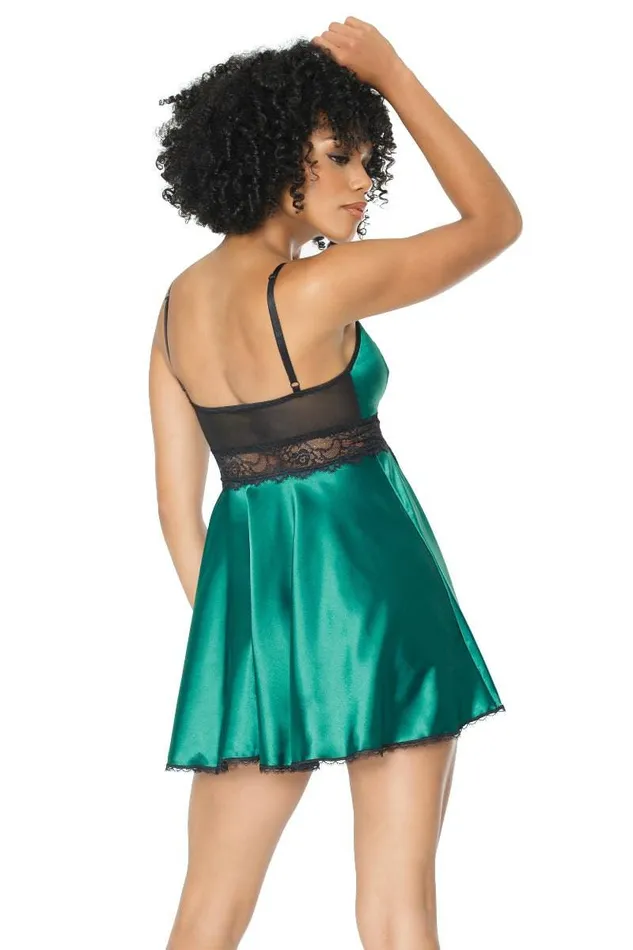 Anal Coquette Coquette 20302 Lace Satin Babydoll Thong Set GreenBlack