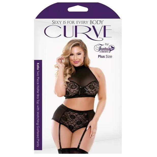 Fantasy Lingerie Plus Size Fantasy Lingerie Curve Plus Size Katia Halter Bra with Gartered Panties 1X2X Black