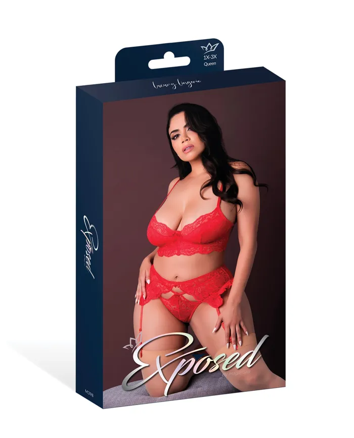 Magic Moments Intl Sugar High Lace Bralette wGarter Belt Strappy Panty 3 pc Set Red 2X Anal