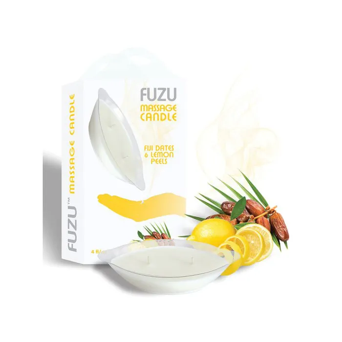 Deeva Couples Fuzu Massage Candle Fiji Dates Lemon Peel White 4 oz