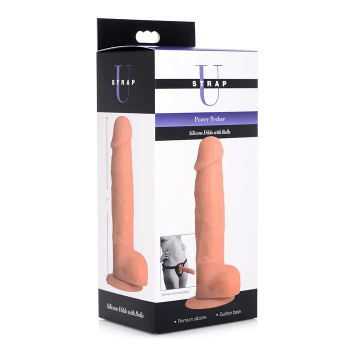 Power Pecker 7 Inch Silicone Dildo w Balls Flesh Strap U Dildos