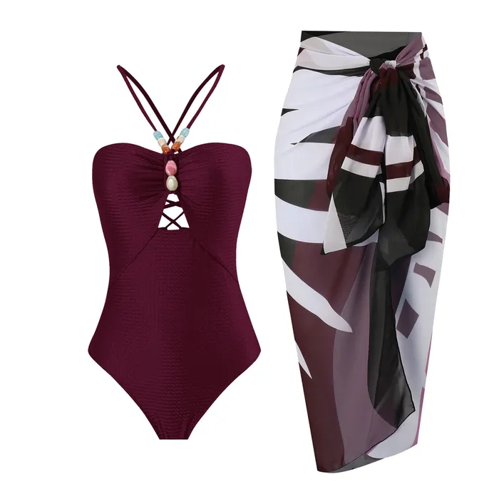 Male Sex Toys Sinderella Monokini Back Tieup Solid Color Swimsuit with Floral Sarong By Sinderella