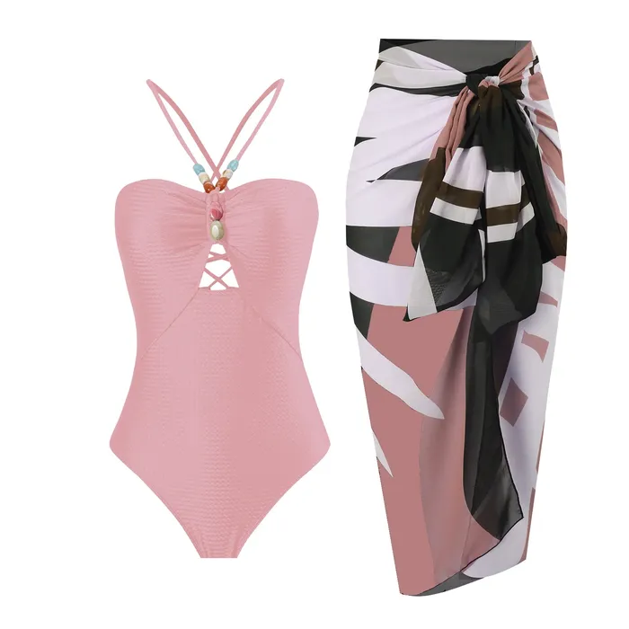 Male Sex Toys Sinderella Monokini Back Tieup Solid Color Swimsuit with Floral Sarong By Sinderella