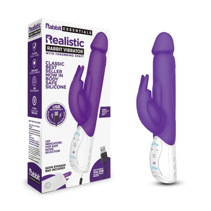 Rabbit Essentials Realistic Rabbit Vibrator With Throbbing Shaft Purple Rabbit Essentials Female Sex Toys