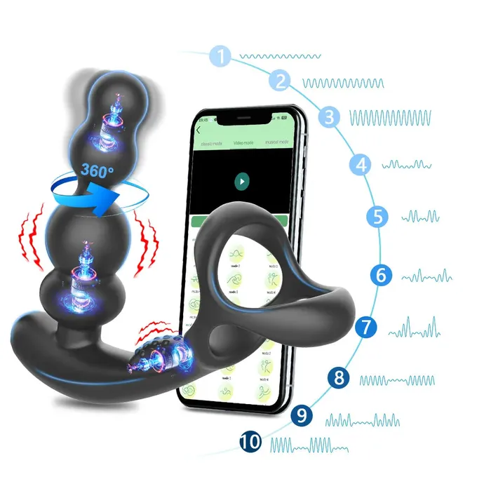 xbelo Male Sex Toys 360 Rotate Thrusting Vibrating Prostate Massager Cock Ring with Rasied Dots