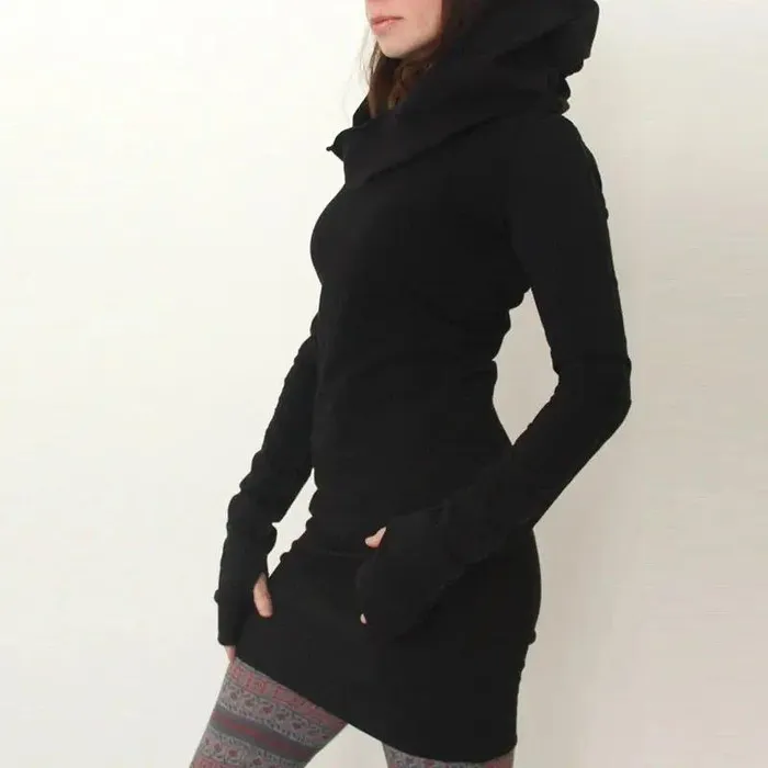 Black Novelty Hoodies Dress Women Autumn Winter Gothic Dresses Hole Long Sleeve Loose Hoodies Mini Dress cj Anal