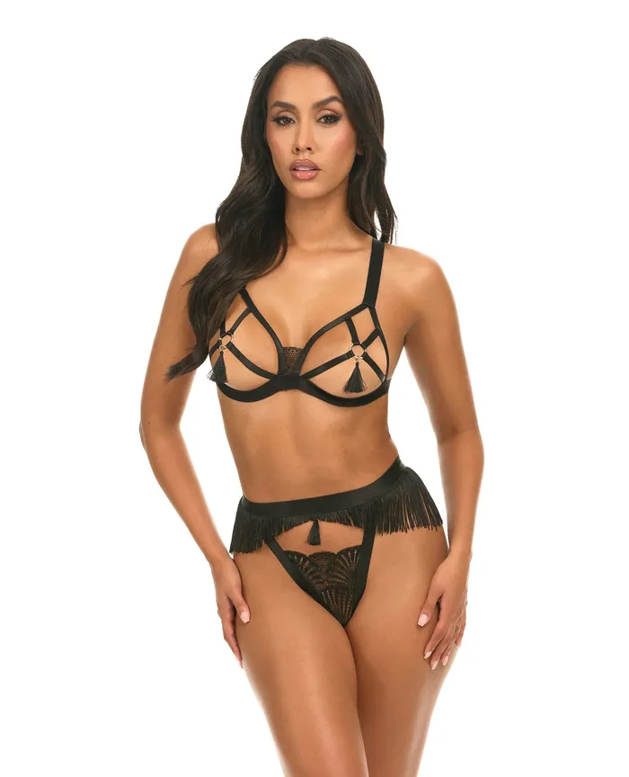 Anal Annika Open Cup 2 pc Set wFringe and Tassel Detail Black LXL Oh La La Cheri Anal Annika Open Cup 2 pc Set wFringe and Tassel Detail Black LXL Oh La La Cheri