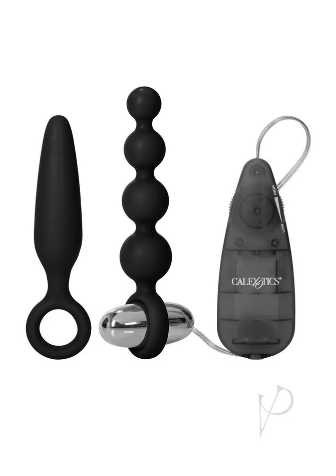 Anal Booty Call Booty Vibro Kit Silicone Vibrating Butt Plug and Anal Beads with Bullet and Wired Remote Control Black Booty Call