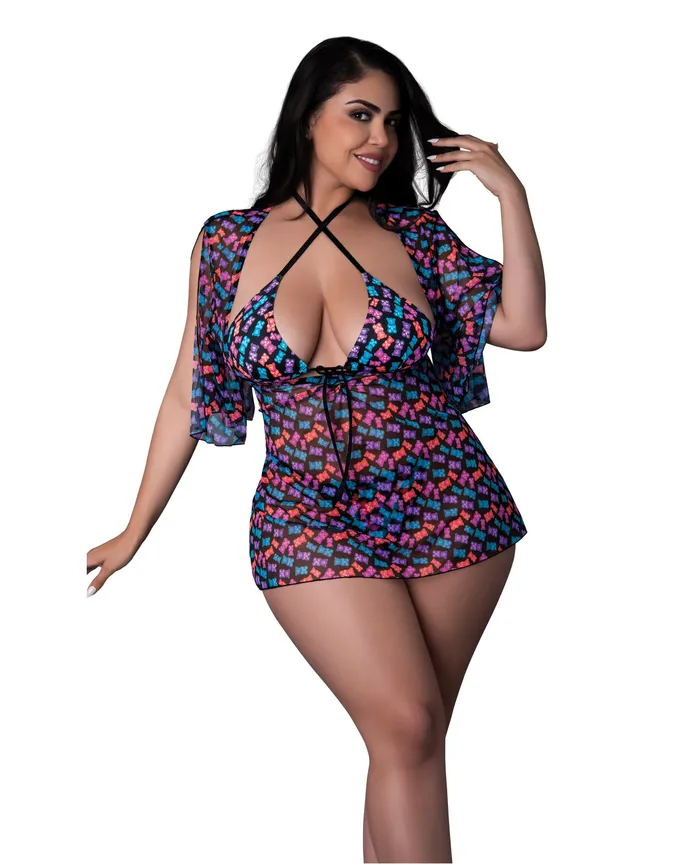 Anal Exposed Hazy Dayz Gummy Bears Blacklight Reactive Halter Top wThong Dress 3 pc Set Multi QN Anal Exposed Hazy Dayz Gummy Bears Blacklight Reactive Halter Top wThong Dress 3 pc Set Multi QN