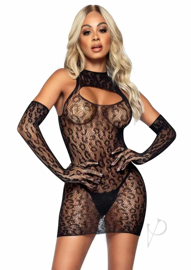Anal Leg Avenue Leopard Net Keyhole Dress and Matching Gloves 2 pieces OS Black Leg Avenue