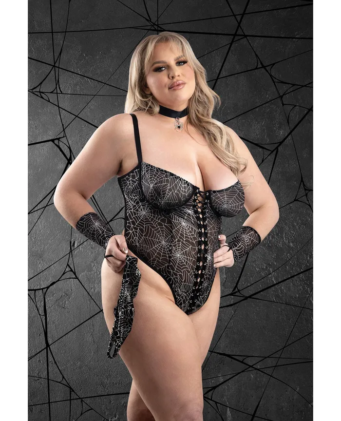 Anal Play By Fantasy Lingerie Play Into My Web Laceup Teddy 4 pc Set Black 3X4X Anal Play By Fantasy Lingerie Play Into My Web Laceup Teddy 4 pc Set Black 3X4X