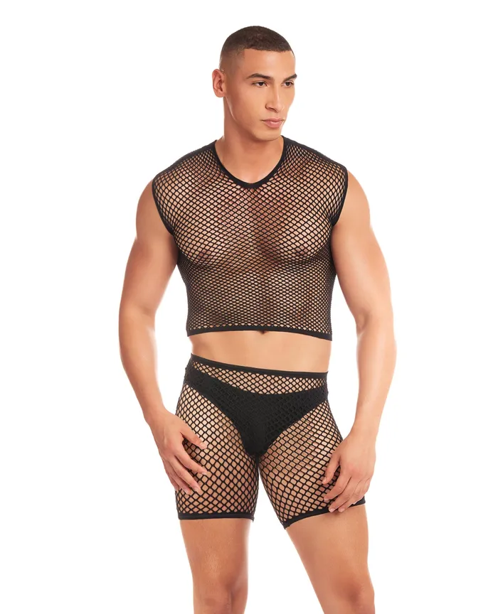 Anal Rainbow Party NetBula Large Mesh Long Brief 3 pc Set Black SM Rainbow Party