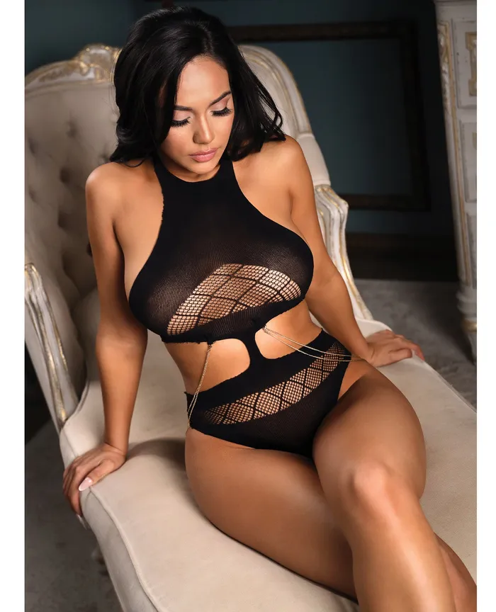 Anal Vixen Nothing On You Seamless CutOut Teddy wRemovable Chain Accents Black OS Vixen By Fantasy Lingerie