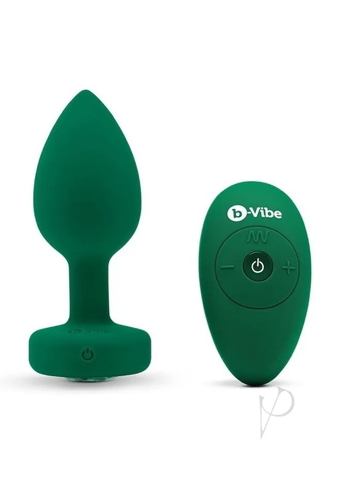 BVibe Vibrating Jewel Plug Rechargeable Silicone Anal Plug with Remote Control MediumLarge Emerald Green B Vibe Male Sex Toys