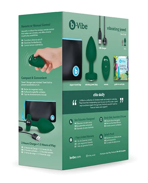 BVibe Vibrating Jewel Plug Rechargeable Silicone Anal Plug with Remote Control MediumLarge Emerald Green B Vibe Male Sex Toys