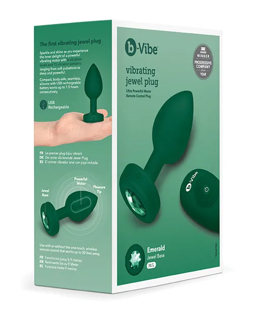 BVibe Vibrating Jewel Plug Rechargeable Silicone Anal Plug with Remote Control MediumLarge Emerald Green B Vibe Male Sex Toys