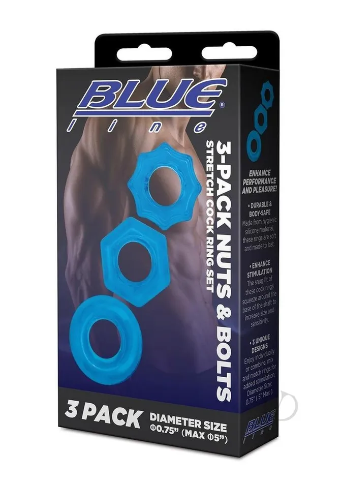 Blue Line Cand B Gear Male Sex Toys Blue Line Nuts and Bolts Stretch Cock Ring 3 Pack Blue Blue Line Cand B Gear Male Sex Toys Blue Line Nuts and Bolts Stretch Cock Ring 3 Pack Blue