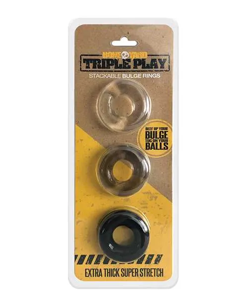 Boneyard Couples Boneyard Triple Play Stackable Bulge Cock Rings set of 3 Assorted Colors