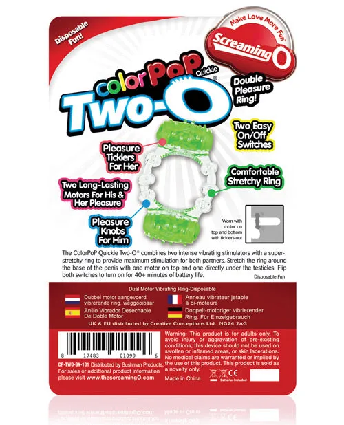 Color Pop Quickie TwoO Silicone Dual Vibrating Cock Ring Green Color Pop Male Sex Toys