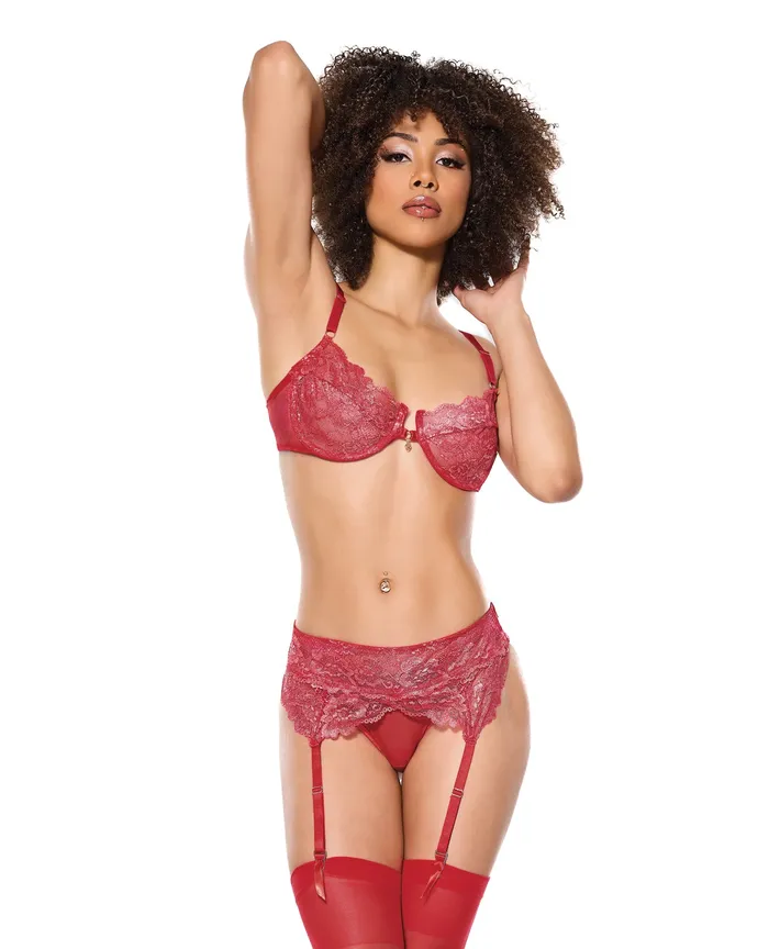 Coquette Vibrators Metallic Stretch Lace Underwire Bra wCrotchless Garter Panty Red LG Coquette Vibrators Metallic Stretch Lace Underwire Bra wCrotchless Garter Panty Red LG