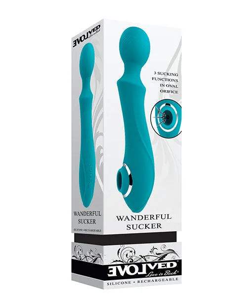 Female Sex Toys Evolved Wanderful Sucker Rechargeable Silicone Bodywand and Clitoral Stimulator Teal