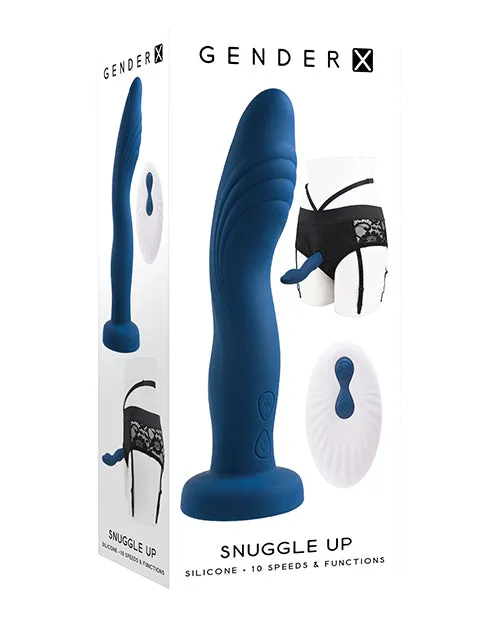 Female Sex Toys Gender X Snuggle Up Rechargeable Silicone Dual Vibrating StrapOn with Remote Control BlueBlack Gender X