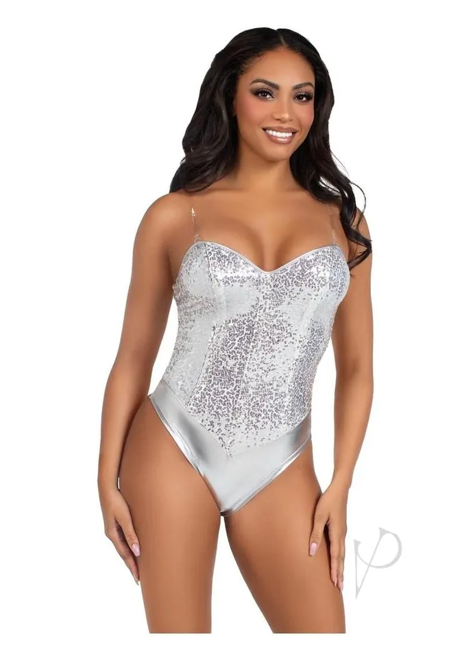 Female Sex Toys Leg Avenue Leg Avenue Sequin Boned Snap Crotch Bodysuit with Detachable Clear Strap 2 Piece Large Silver