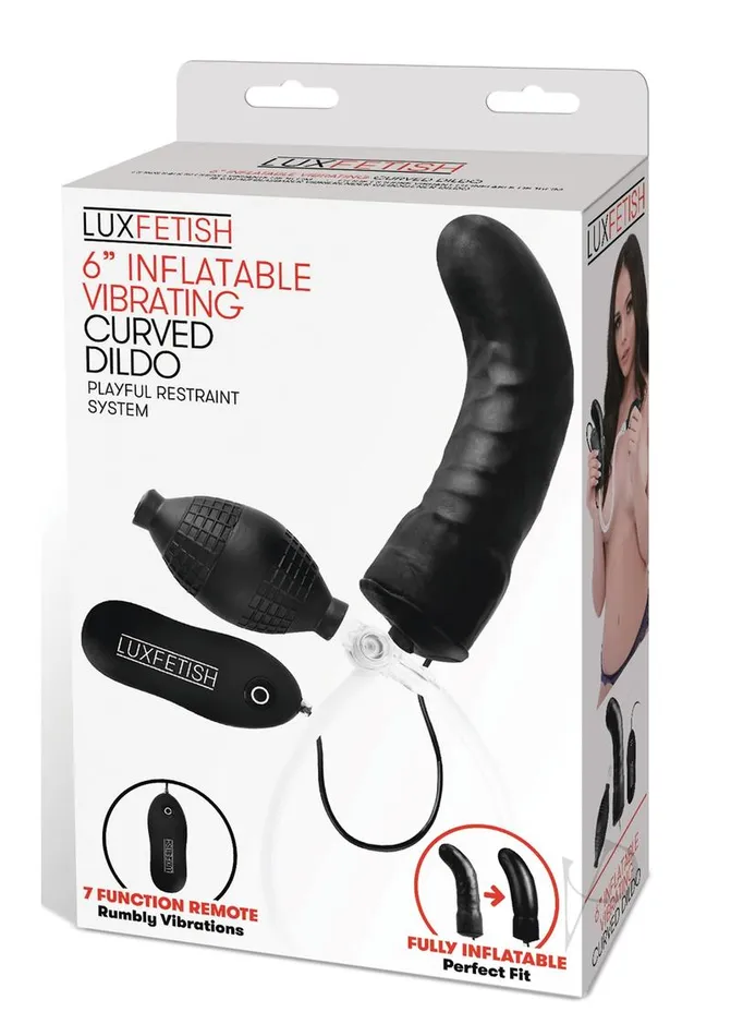 Female Sex Toys Lux Fetish Lux Fetish Latex Inflatable Vibrating Curvd Dildo with Wired Remote Control 6in Black