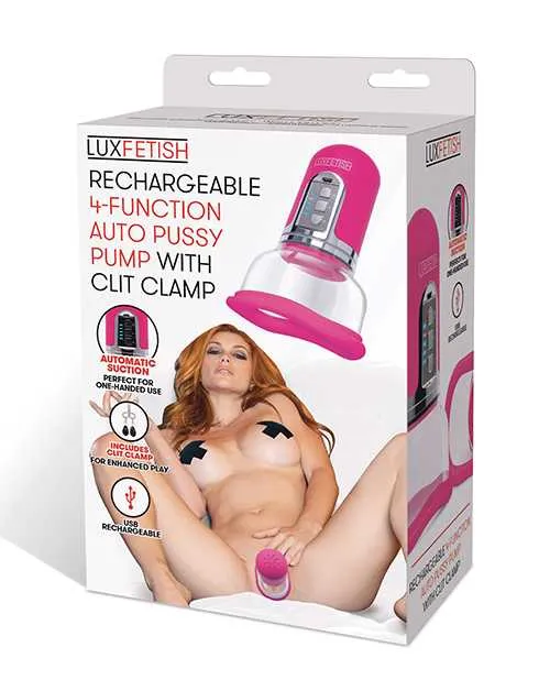 Female Sex Toys Lux Fetish Lux Fetish Rechargeable 4 Function Auto Pussy Pump with Clit Stimulator Pink